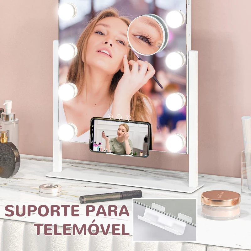 HOMCOM Espelho de Maquilhagem Estilo Hollywood com Luzes Espelho de Toucador Giratório com 14 Lâmpadas LED e Entrada USB 62,5x14x49,5 cm Preto