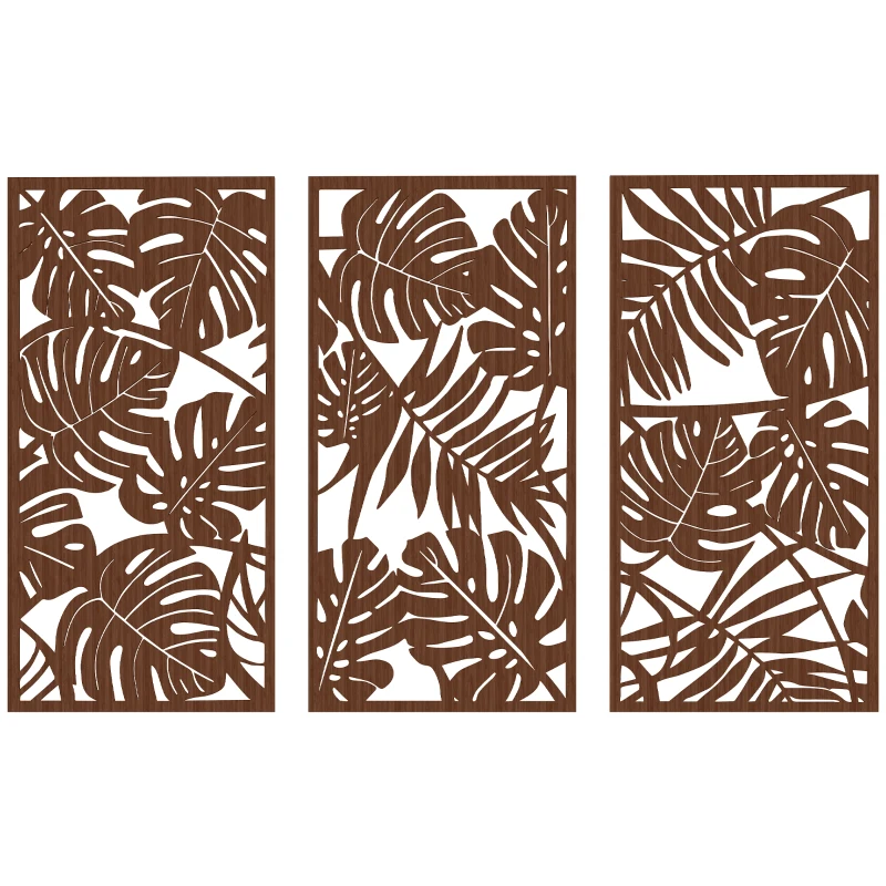 HOMCOM Decoração de Parede em Madeira 3D 3 Peças 40x80 cm Adornos de Parede com Padrão de Folhas Tropicais Nogueira
