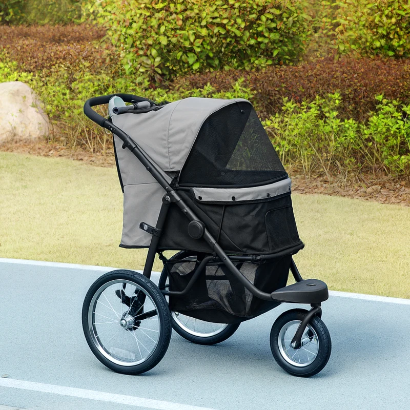 PawHut Poussette pour chien pliable avec panier de rangement, coussin lavable, roues en caoutchouc et auvent réglable, gris