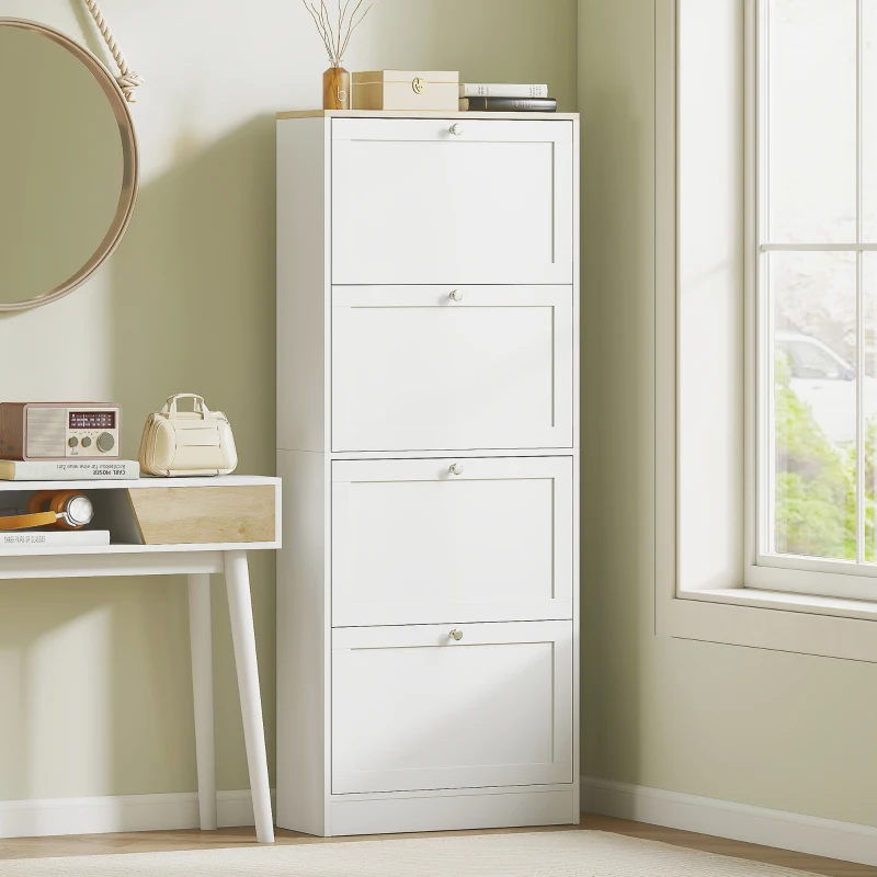 HOMCOM Meuble à chaussures 24 paires, armoire à chaussures avec 4 tiroirs rabattables, étagères réglables, 60x23,5x151cm, blanc