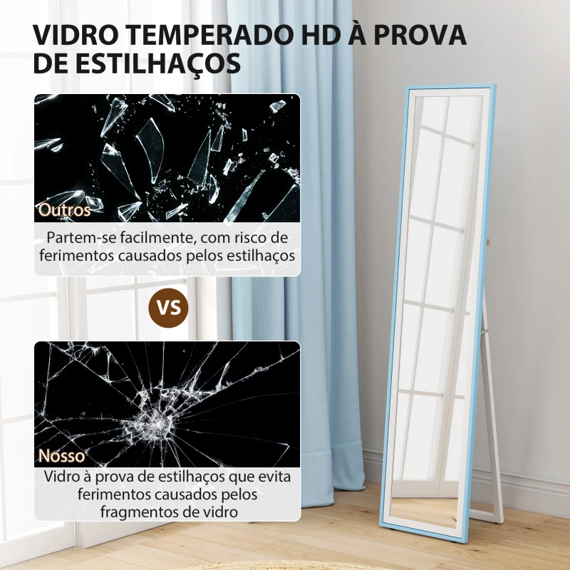 HOMCOM Espelho de Pé 157x37 cm com Moldura em MDF Espelho de Parede Retangular  com 2 Formas de Utilização Branco e Azul