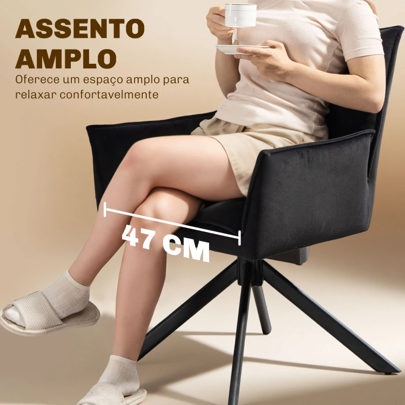 HOMCOM Conjunto de 2 Cadeiras de Refeição Giratórias 360° Estofado Estofamento em Veludo Pés em Aço 63x64x85 cm Preto