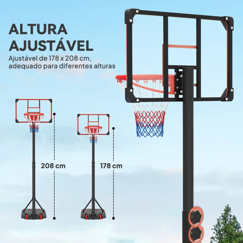 SPORTNOW Tabela de Basquetebol com Altura Ajustável 178-208 cm Rodas Base Recarregável para Exterior 75x56x210-240 cm Vermelho e Preto