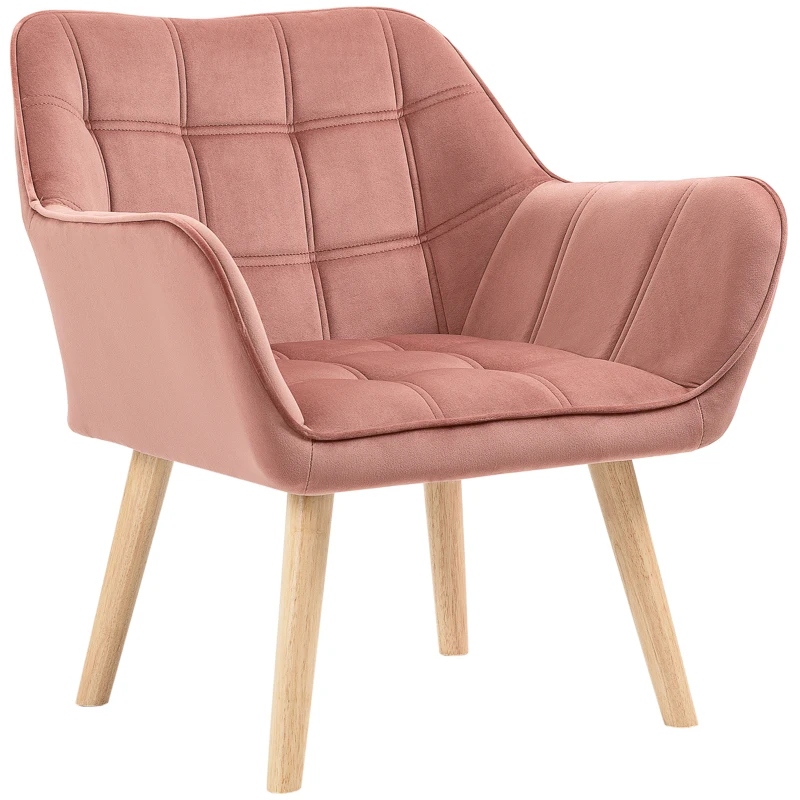 HOMCOM Poltrona Moderna Poltrona de Leitura Estofada em Veludo com Assento Amplo Pés em Madeira  67x61,5x71 cm Rosa