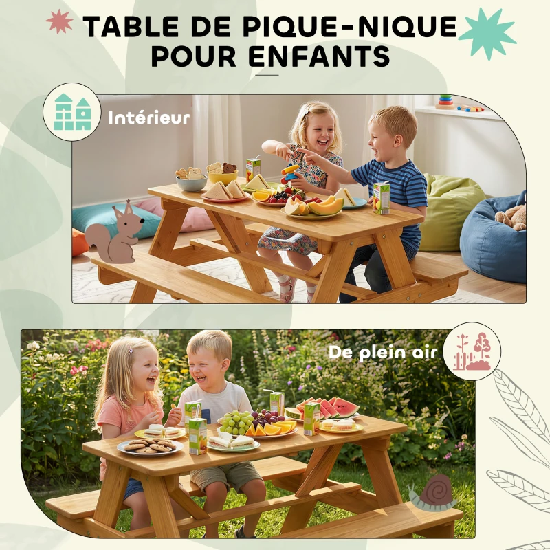 AIYAPLAY Ensemble salon de jardin extérieur enfant, table pique-nique enfant avec bancs, cadre en bois massif, bois naturel