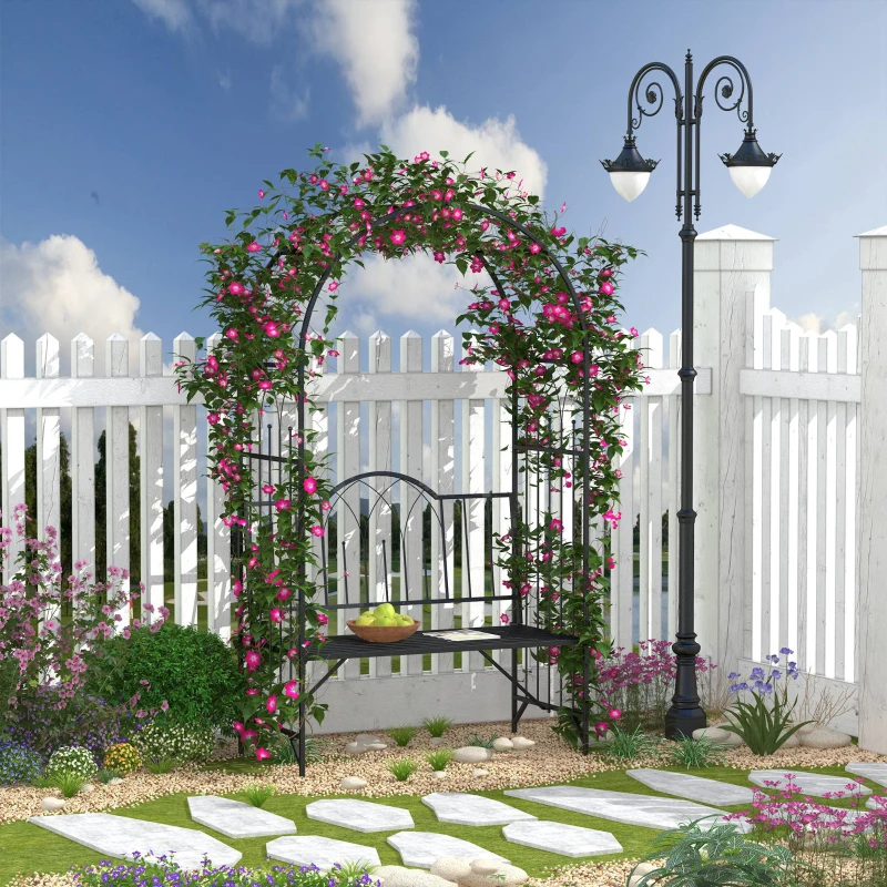 Outsunny Arche à rosiers Banc de Jardin 2 Places 2 en 1 dim. 115L x 59l x 203H cm métal époxy Noir