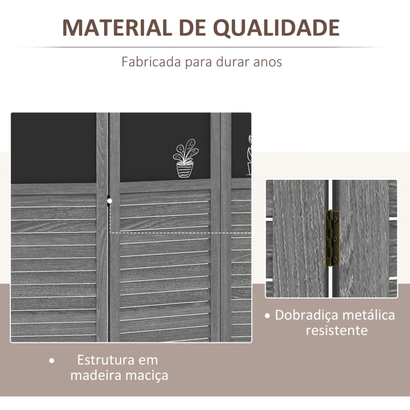 HOMCOM Biombo Separador de Ambientes Dobrável de 4 Painéis de Madeira com Quadros 162x172 cm Cinzento