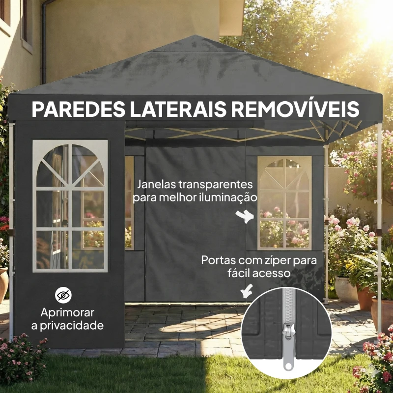 Outsunny Tenda Dobrável 3x3 m Pop-up com UPF50+, 4 Laterais Removíveis, Altura Ajustável e Bolsa de Transporte - Cinzento Escuro