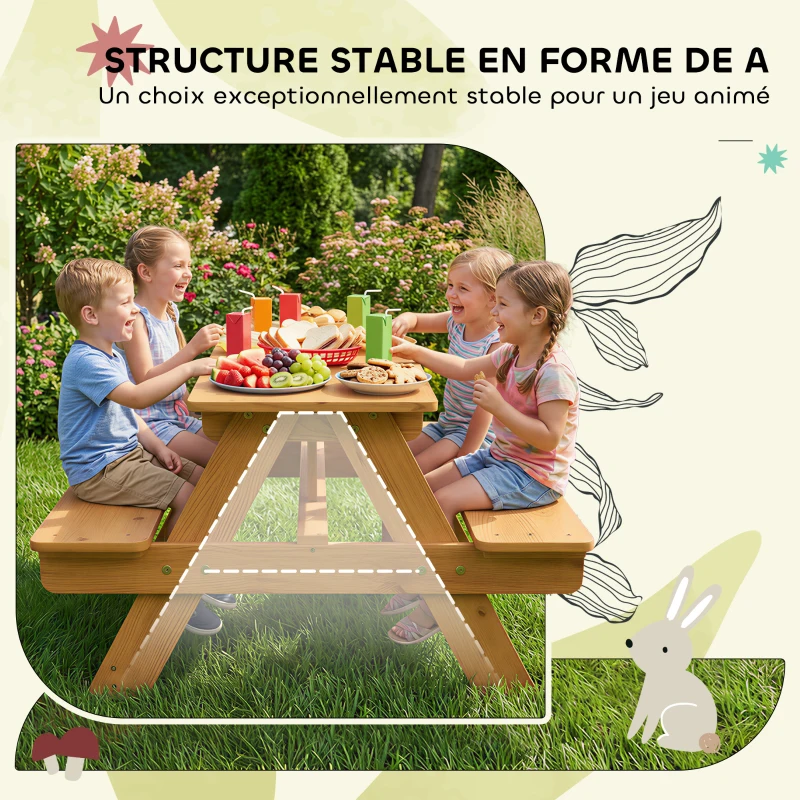 AIYAPLAY Ensemble salon de jardin extérieur enfant, table pique-nique enfant avec bancs, cadre en bois massif, bois naturel