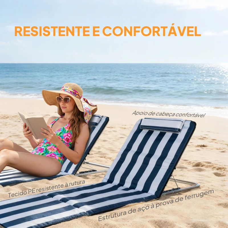 Outsunny Conjunto de 2 Esteiras com Encosto Reclinável, Apoio de Cabeça e Bolsa de Transporte 134x48x33-43 cm Brancas e Azuis