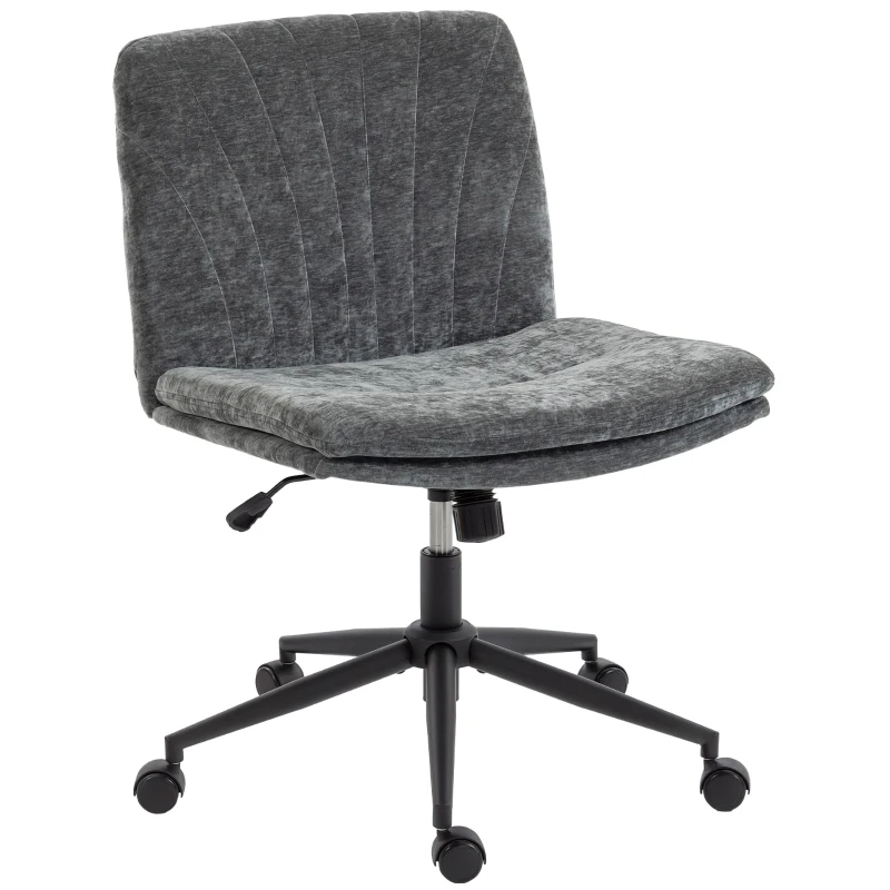 HOMCOM Cadeira de Escritório com Assento Largo sem Apoios de Braço Rodas Altura Ajustável Giratória Função Basculante 62x67x83-93 cm Cinza