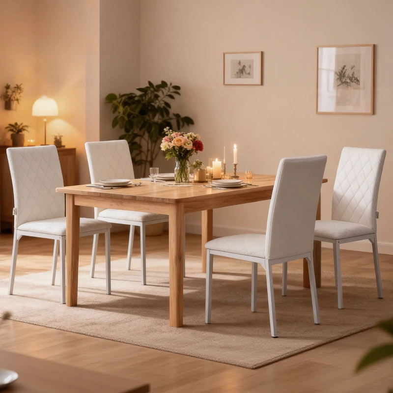 HOMCOM Lot de 4 chaises de salle à manger, chaises de cuisine, capitonnage rhombique et pieds en métal, 41x50x91cm, blanc