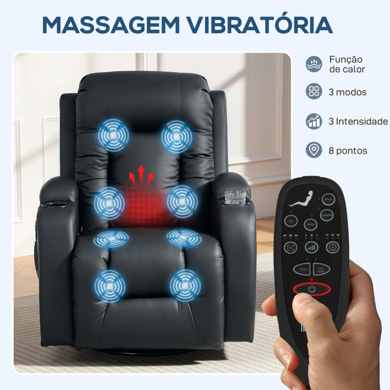 HOMCOM Poltrona de Massagem Reclinável até 145° com 8 Pontos de Massagem por Vibração Função de Aquecimento 82x99x103 cm Preto