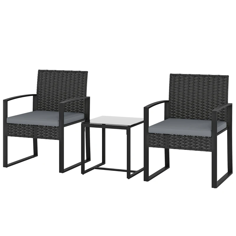 Outsunny Conjunto de Móveis de Exterior de 3 Peças em Vime PE com Cadeiras Mesa de Vidro Temperado e Almofadas Cinza Claro
