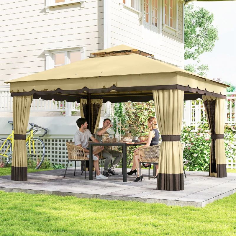 Outsunny Pérgola de Jardim 3,7x3 m com Teto Duplo 4 Cortinas e Mosquiteira Estrutura em Aço Orifícios de Drenagem UV30+ Bege