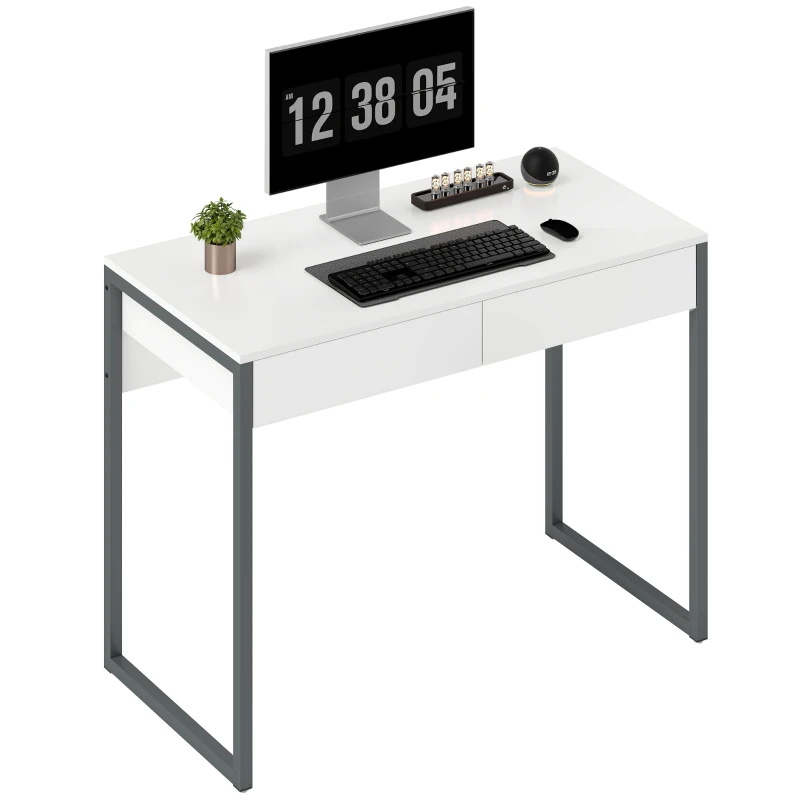 HOMCOM Secretária com 2 Gavetas 100x50 cm Mesa de Computador Pernas de Aço para Casa Escritório Espaços Pequenos Branco Brilhante