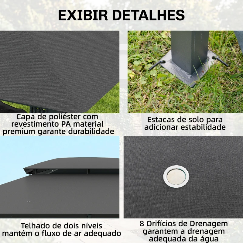 Outsunny Pérgola de Jardim 3x4 m com Teto Duplo 6 Paredes Laterais Estrutura Metálica Drenagem Pérgola para Exterior  Cinzento