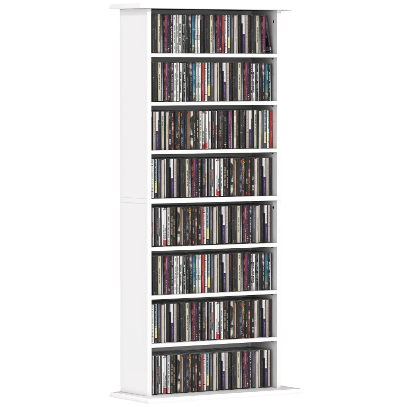 HOMCOM Estante Estreita para CDs e DVDs com 8 Compartimentos Prateleiras Ajustáveis 58x24x126,3 cm Branco