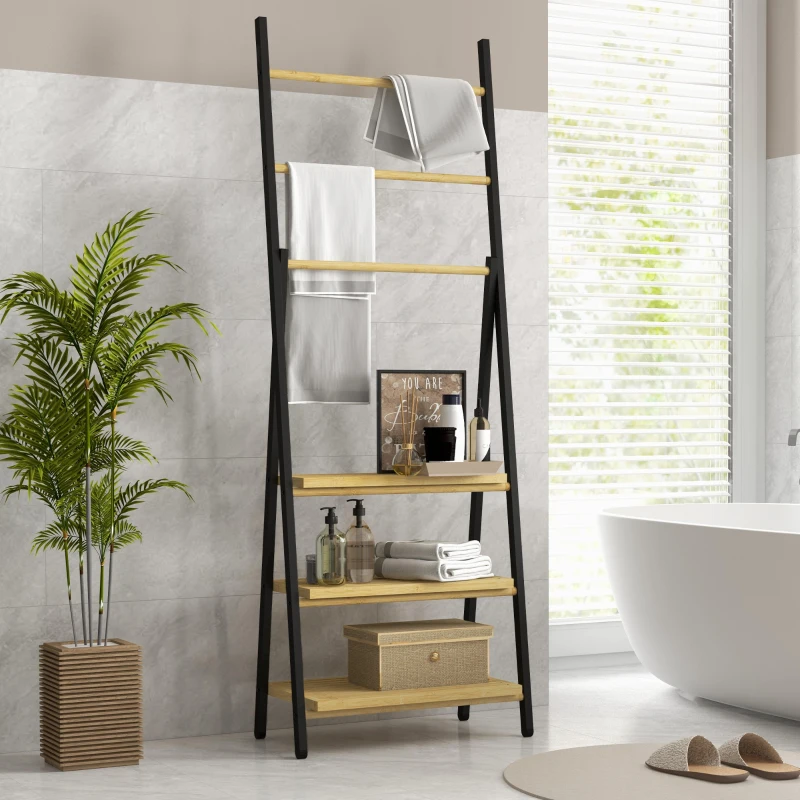 HOMCOM Porte-serviettes pliable 3 barres de suspension et 3 étagères en bambou pour salle de bains, structure métal noir