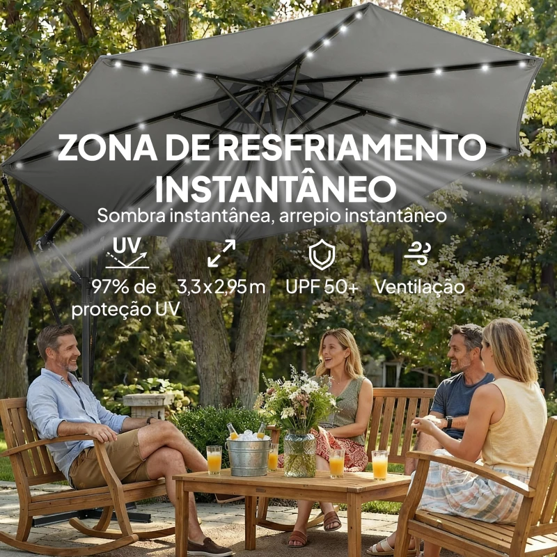 Outsunny Chapéu de Sol Excêntrico com Luzes LED Solares 330x295 cm Chapéu de Sol para Jardim com Base Cruzada Manivela Capa Protetora Cinzento Escuro