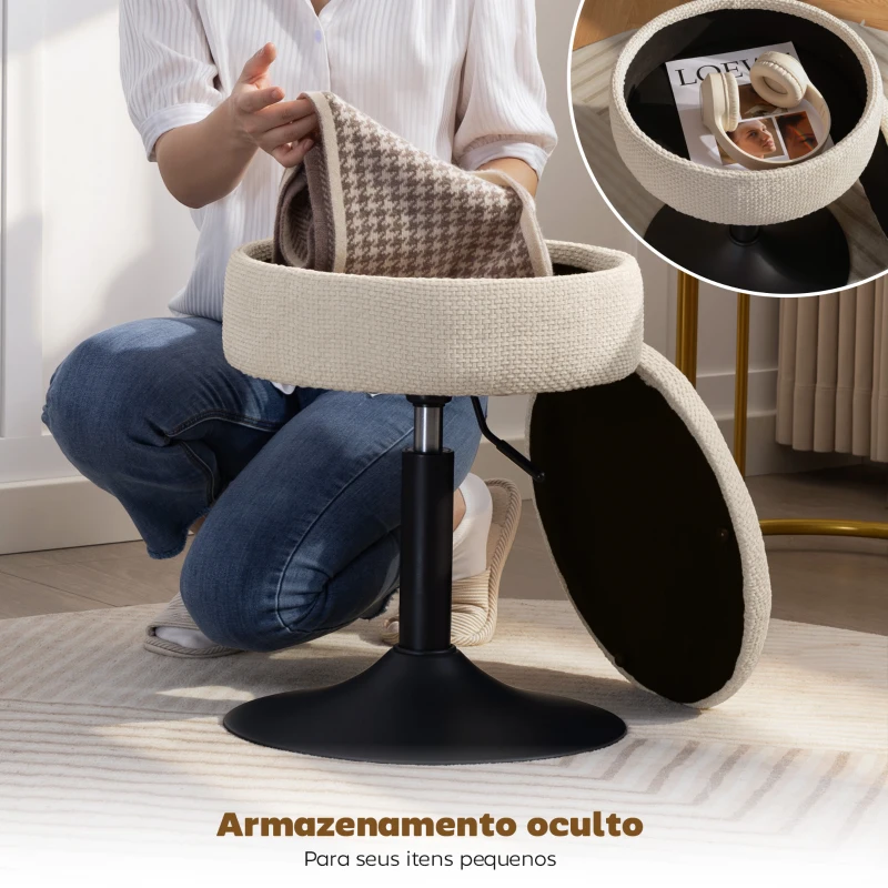 HOMCOM Banco de Bar com Armazenamento Altura Ajustável Giratório Estofado em Chenilla 39x39x49-65 cm Bege