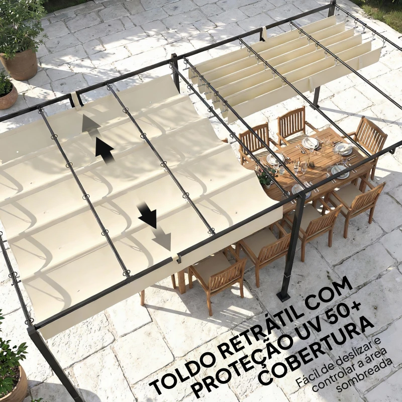 Outsunny Pérgola de Jardim 6x3 m com Telhado Retrátil Proteção UPF50+ Drenagem Pavilhão de Jardim para Terraço Exterior Creme