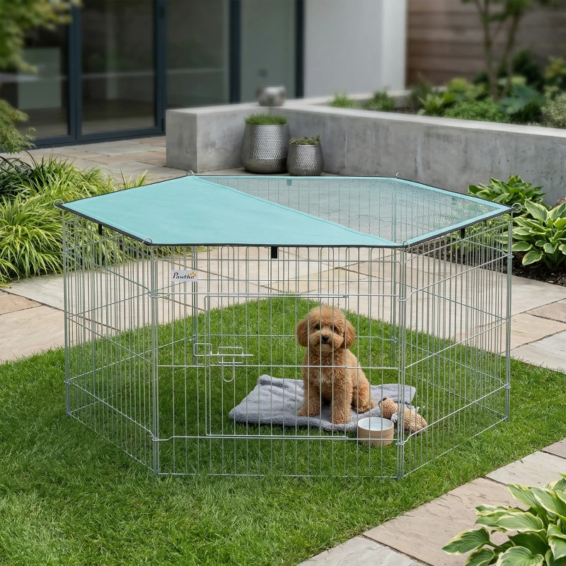 PawHut Parc pour chien, enclos chien 6 panneaux avec toit, modulable et pliable, enclos portable 60H cm avec porte, clôture pour chat, chiens de petit taille, intérieur et extérieur, argent, vert