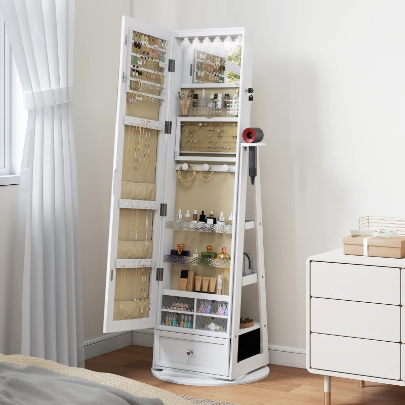 HOMCOM Espelho de Pé Giratório 360° com Espelho com Interior Iluminado Organizador de Jóias com Prateleiras e Gavetas 56x56x164 cm Branco