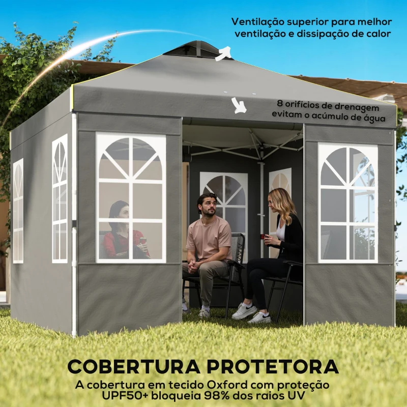 Outsunny Tenda Dobrável 3x3 m Pop-up com UPF50+, 4 Laterais Removíveis, Altura Ajustável e Bolsa de Transporte - Cinzento Escuro