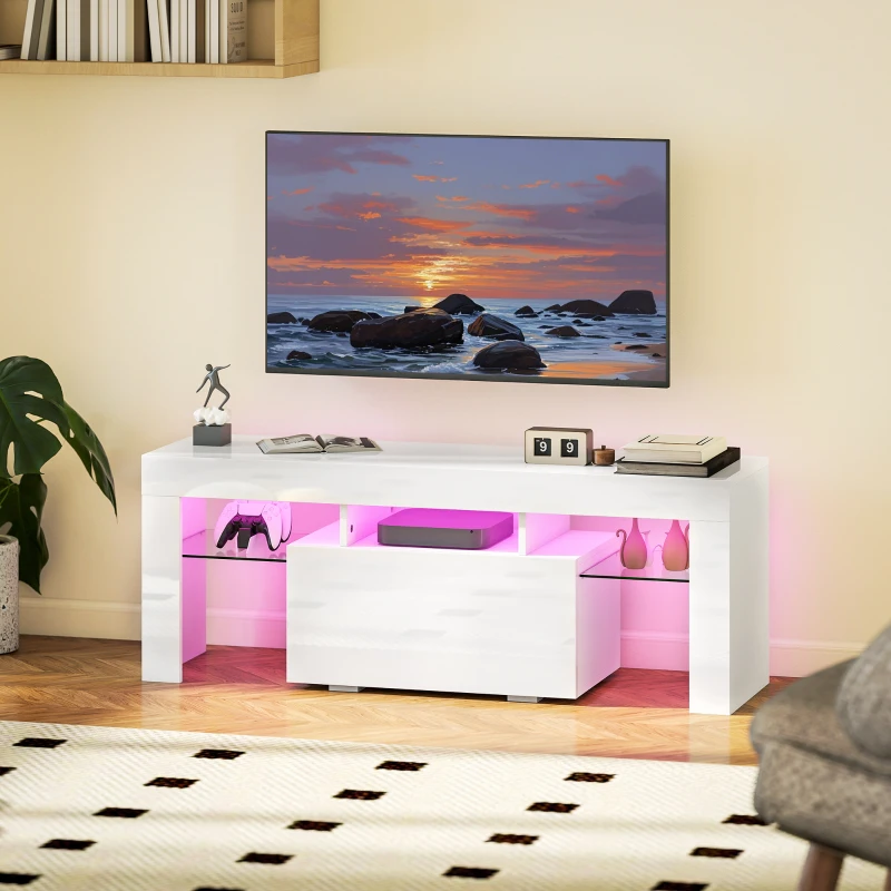 HOMCOM Meuble TV, meuble télé avec éclairage LED RGB, haute brillance, étagères en verre trempé, 120x34x45cm, blanc
