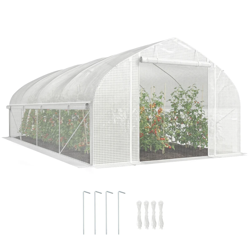 Outsunny Estufa Tipo Túnel 6x3x2 m com Anti-UV e Porta de Enrolar com Fecho de Correr Paredes Laterais com Rede Branco