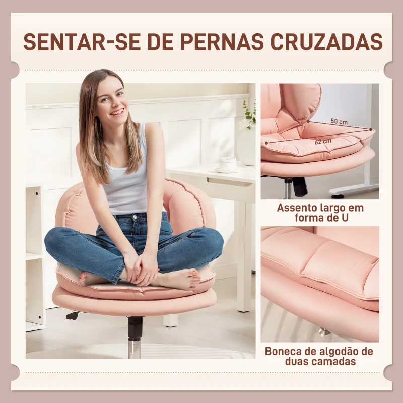HOMCOM Cadeira de Escritório com Rodas Cadeira para Secretária com Função Inclinável Assento Amplo Sem Braços 60x65x83-93 cm Rosa