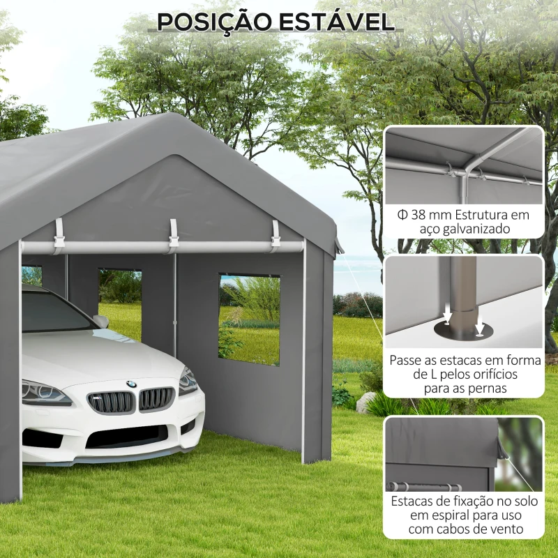 Outsunny Tenda Garagem 295x600x278 cm Tenda de Exterior Resistente com 2 Portas Enroláveis e 6 Janelas Cinzento