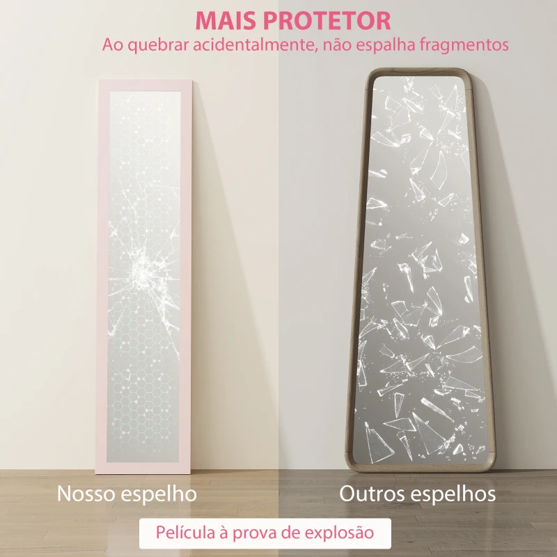 HOMCOM Espelho de Pé 37x155 cm Espelho de Corpo Inteiro Espelho de Parede Retangular com Estrutura de Madeira Rosa Claro