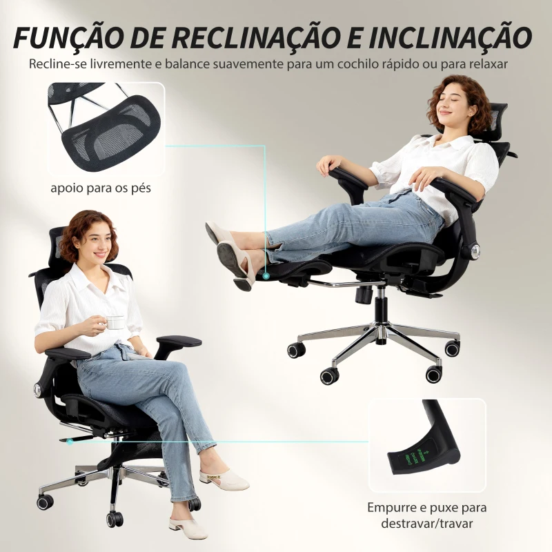 HOMCOM Cadeira de Escritório com Encosto Reclinável e Alto Suporte Lombar Transpirável Apoios de Braço 4D e Encosto de Cabeça Ajustável 67x74x113-132 cm Preto