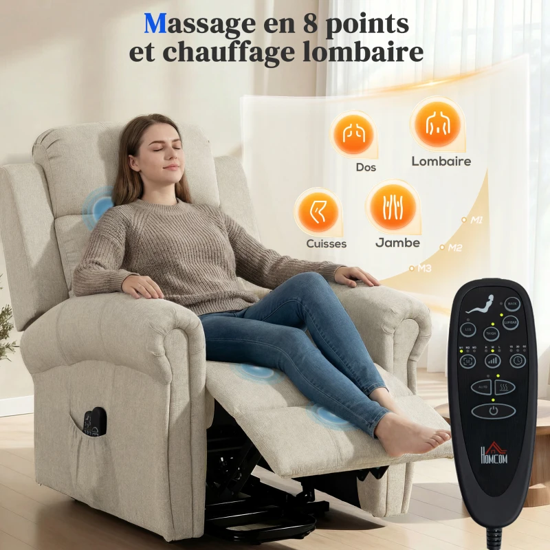 HOMCOM Fauteuil releveur électrique, fauteuil relax électrique avec fonction massage et chauffage, 87 x 87,5 x 108 cm, beige