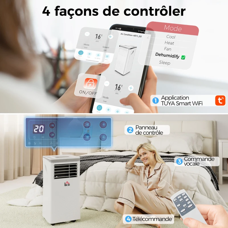 HOMCOM Climatiseur mobile 10000BTU, climatiseur portable 4 en 1 refroidissement déshumidificateur ventilateur mode nuit, blanc
