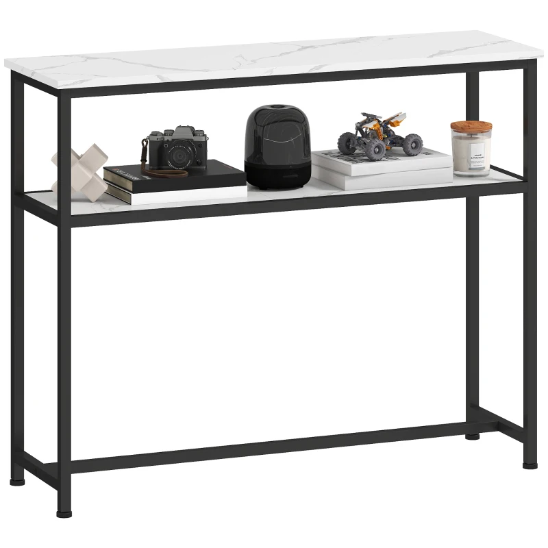 HOMCOM Mesa Consola Moderna Consola Estreita com Superfície com Efeito Mármore Prateleira Aberta e Estrutura de Metal 100x30x81 cm Branco