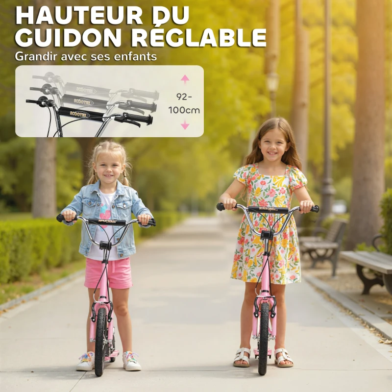 HOMCOM Trottinette patinette Enfant à partir de 5 Ans Grands pneus Guidon réglable poignées Freins et béquille Acier Rose