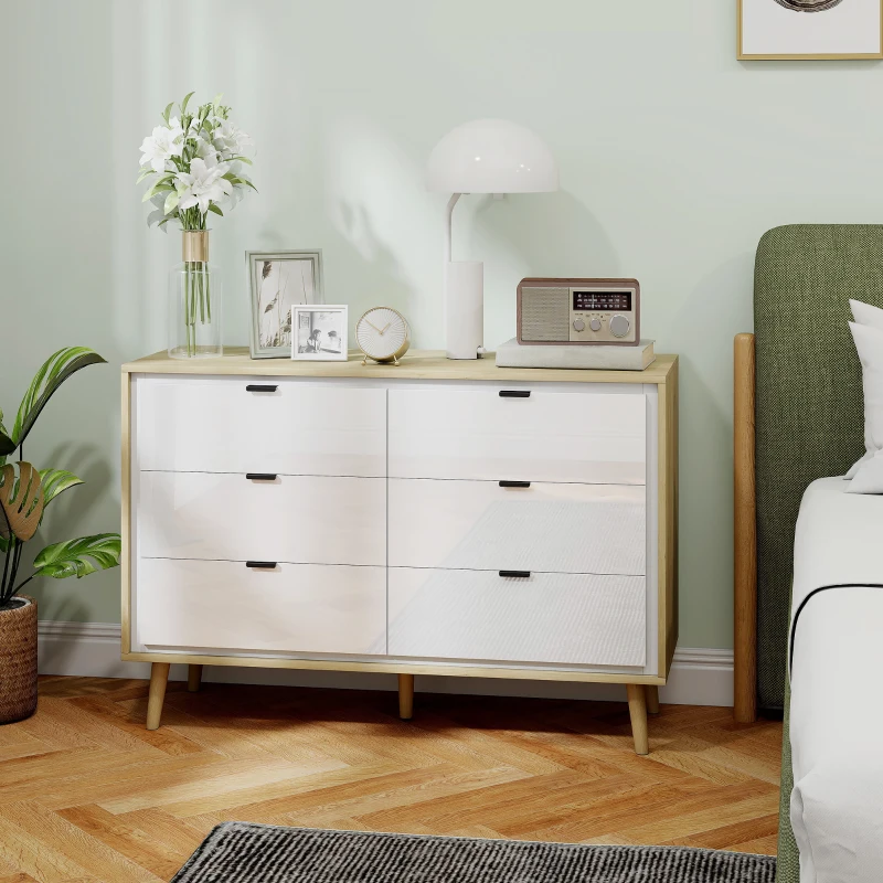 HOMCOM Cómoda 6 Gavetas Cómoda Quarto com Pernas de Madeira Estilo Moderno 110x40x75 cm Branco Brilhante e Carvalho