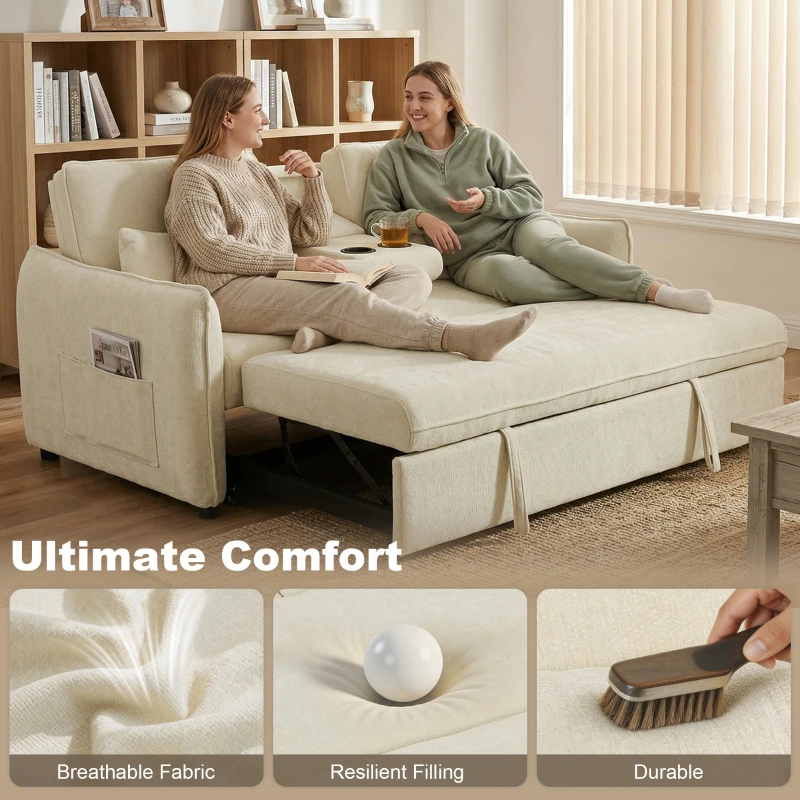 HOMCOM 3-in-1 Verstelbare Slaapbank, Tweezitter met Bekerhouders, Verstelbare Rugleuning en Zijvakken, Beige