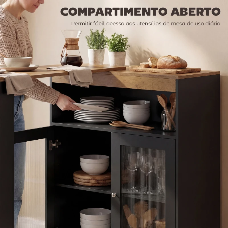 HOMCOM Mesa de Bar Extensível e Giratória 360° com Prateleiras Abertas e 2 Portas de Vidro 150x80x105,5 cm Preto e Madeira
