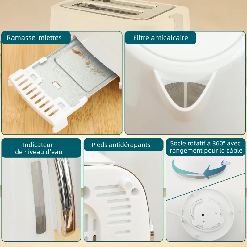 HOMCOM Ensemble bouilloire et grille-pain, bouilloire en acier 1,7 L et 2200 W et grille-pain à 2 tranches, blanc
