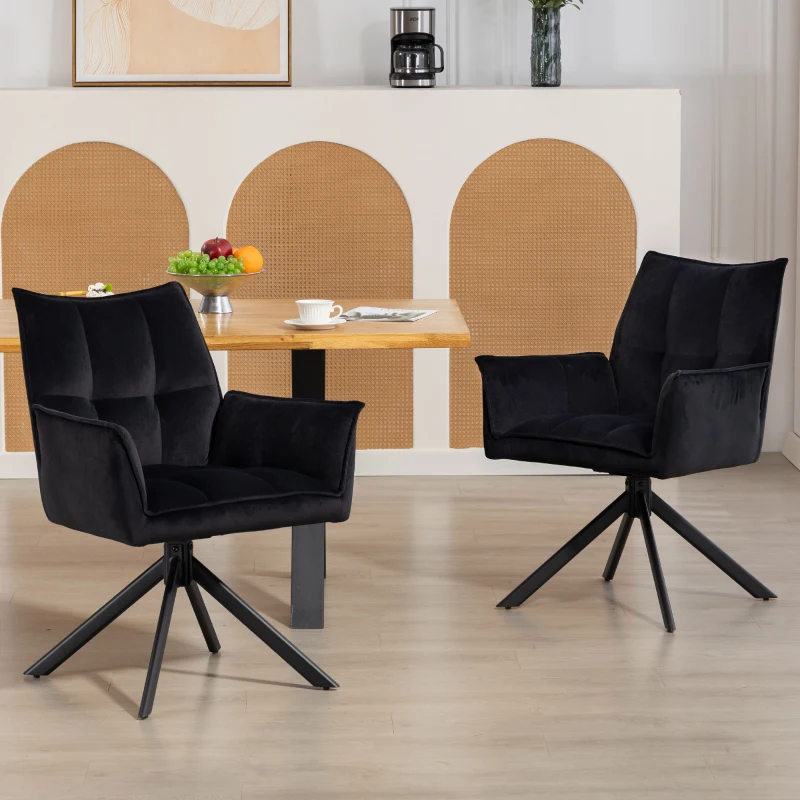 HOMCOM Conjunto de 2 Cadeiras de Refeição Giratórias 360° Estofado Estofamento em Veludo Pés em Aço 63x64x85 cm Preto