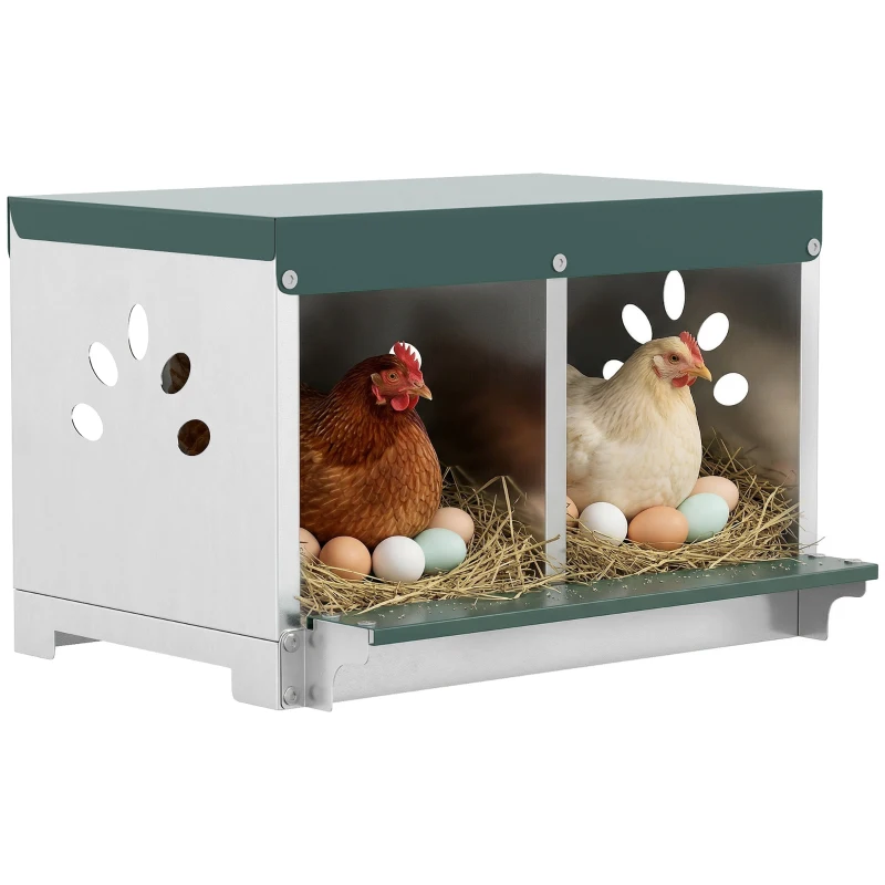 PawHut Ponedero para Gallinas de Acero Galvanizado con 2 Huecos para 2 Gallinas con Techo Impermeable y Ventilación Plateado y Verde