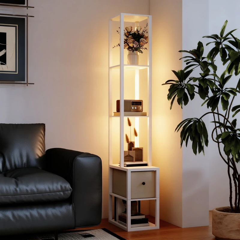 HOMCOM Candeeiro de Pé Moderno com Prateleiras Abertas Gaveta de Tecido e Interruptor de Pé 43,5x26,5x169 cm Branco