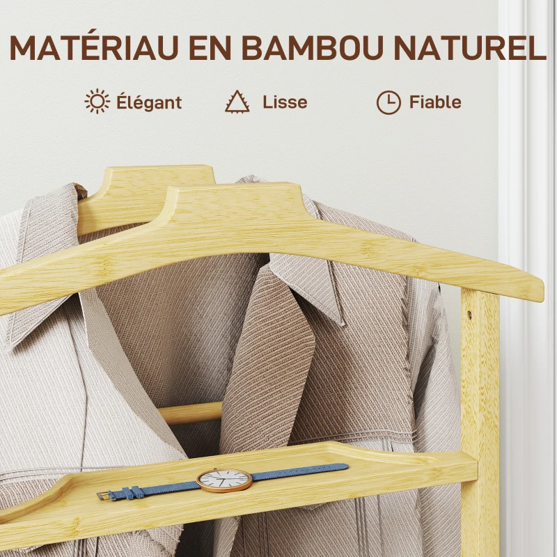 HOMCOM Portant à vêtements sur roulettes, porte-manteaux en bambou, double cintre intégré, 47 x 33,7 x 105,5 cm, bois naturel