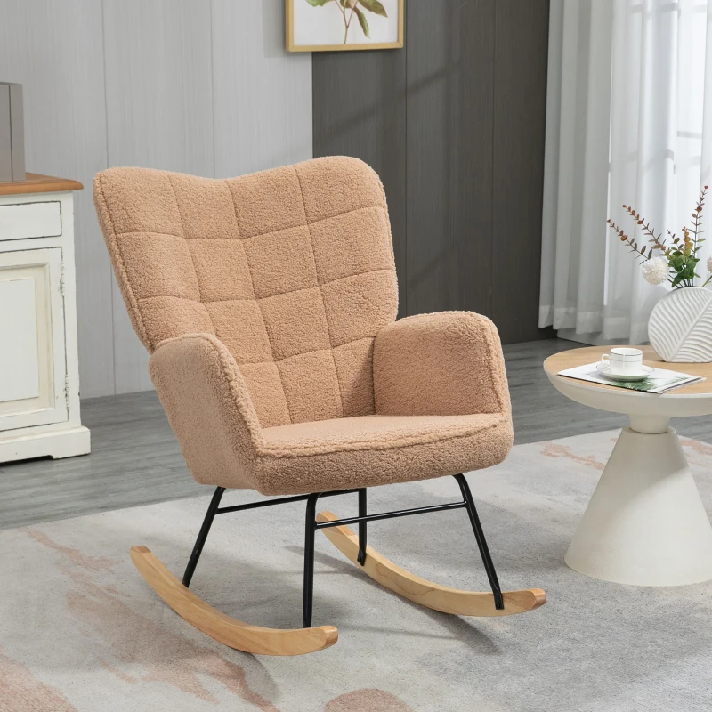 HOMCOM Fauteuil à bascule rocking chair revêtement effet laine bouclée, structure en acier 71 x 98 x 101 cm marron