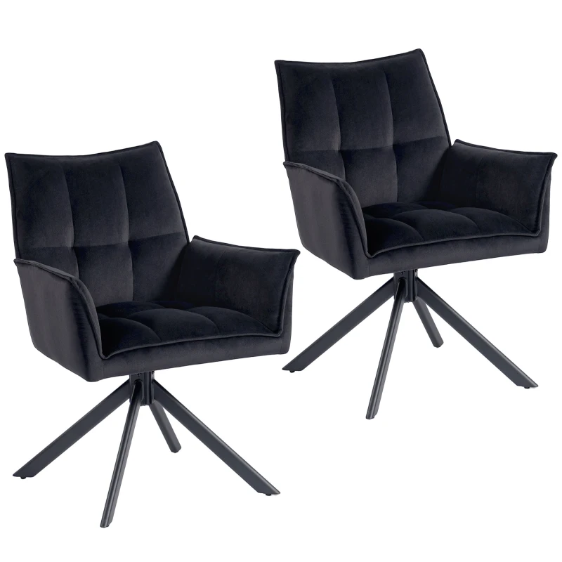 HOMCOM Conjunto de 2 Cadeiras de Refeição Giratórias 360° Estofado Estofamento em Veludo Pés em Aço 63x64x85 cm Preto