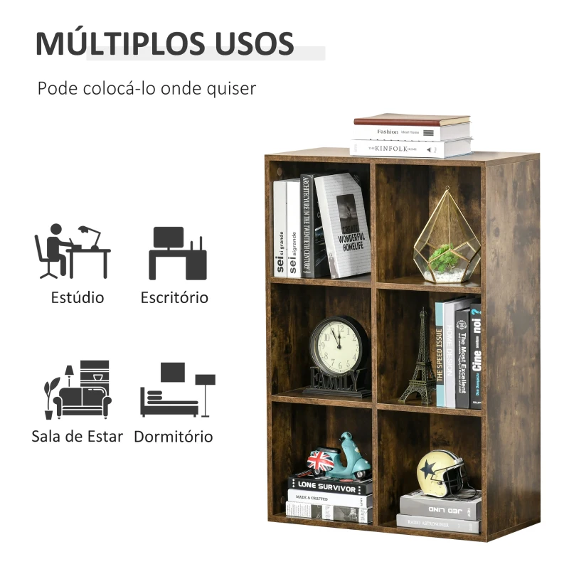 HOMCOM Estante de 3 Níveis Prateleira para Livros com 6 Cubos de Arrumação para Escritório 65,5x30x97,5 cm Castanho Rústico